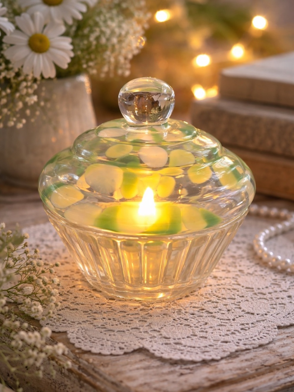 Vintage Art Glass Fairy Lamp – Green & White Confetti Glass Cupcake Cottagecore